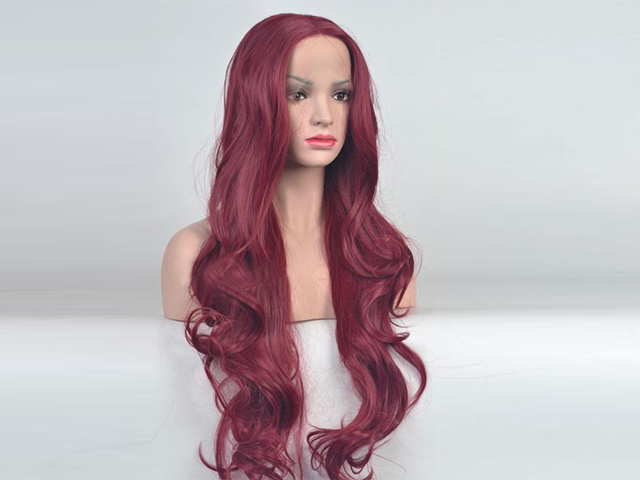 Wine Red Waist Length Wavy Synthetic Lace Front Wig